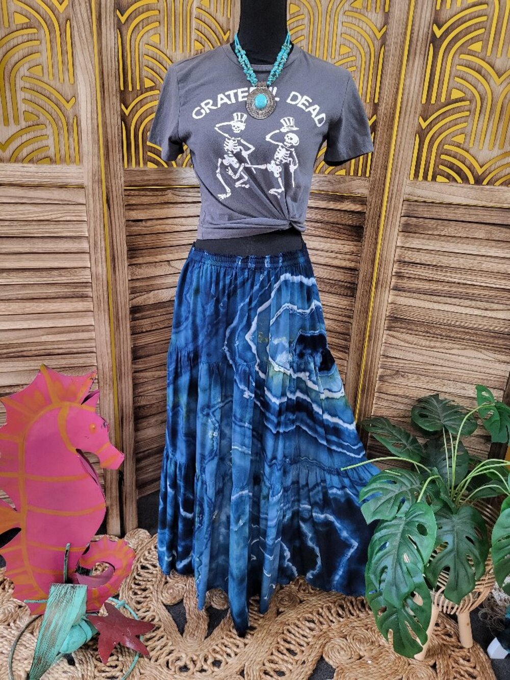 Boho Tie-Dye Tiered Maxi Skirt - Dark Blues